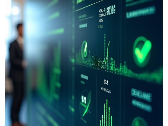 Et digitalt dashboard som viser sanntidsdata for prosjektfremdrift, budsjettoversikt og compliance-indikatorer med grønne hake-ikoner for god status.