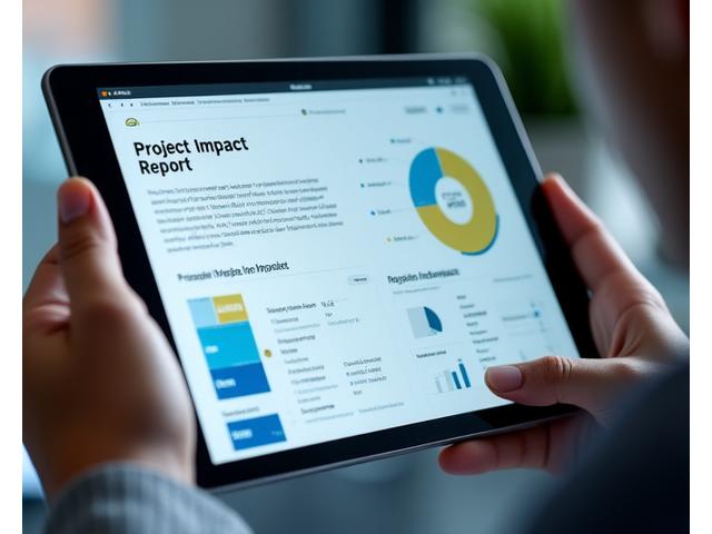 Profesjonelt utformet prosjektrapport med grafer og ikoner som viser fremgang og positive resultater, presentert på en digital skjerm.