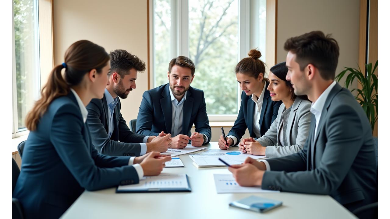 En gruppe profesjonelle som diskuterer komplekse finansielle strategier rundt et bord, med grafer og dokumenter.