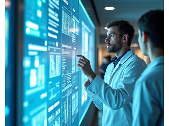 Forskerteam jobber i et moderne laboratorium og ser på en digital skjerm med dataanalyse