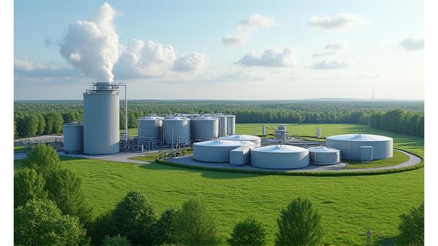 Biogassanlegg med solnedgang i bakgrunnen