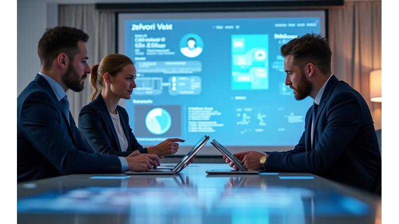 Profesjonelt team som diskuterer strategi rundt et bord, med grafiske elementer som representerer dataanalyse og innovasjon