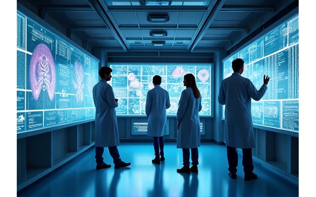 Team av forskere som ser på skjermer med medisinsk data i et moderne, rent laboratorium