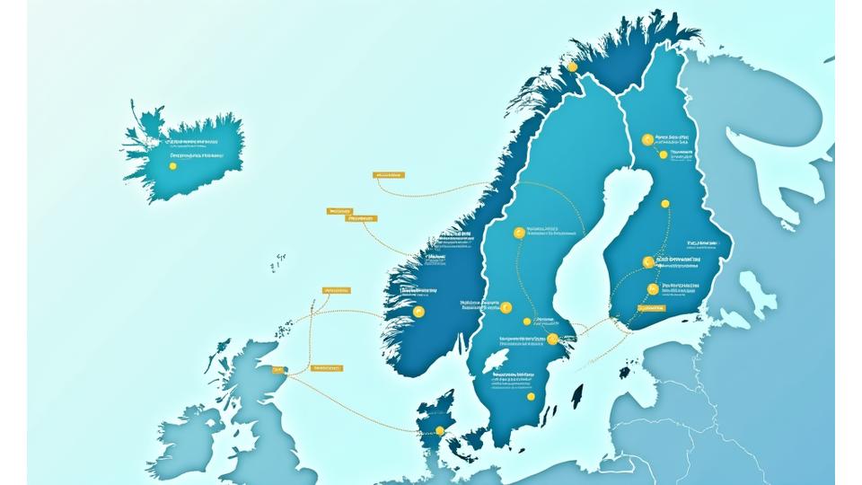 Visual infographic showing a complex map of the Norwegian funding landscape with interconnected categories and paths to funding opportunities. Dominant colors are primary blue and teal with strategic accents of secondary yellow and green highlighting key areas.