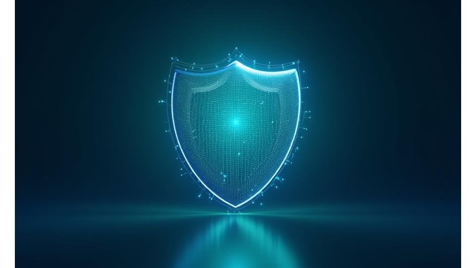 Et digitalt skjold som symboliserer personvern og databeskyttelse med et blått og grønt fargetema.
