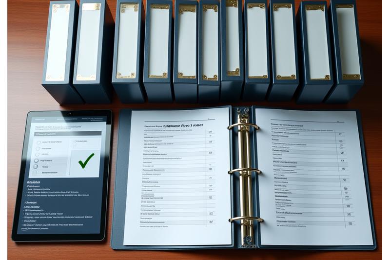 Oversikt over velorganiserte dokumentmapper fylt med rapporter og skjemaer, som indikerer ordnet dokumentasjon for en søknad