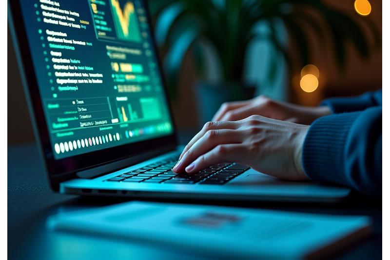 Illustrasjon av en person som skriver en søknad på en laptop med ikoner som representerer kreativitet, analyse og høy kvalitet