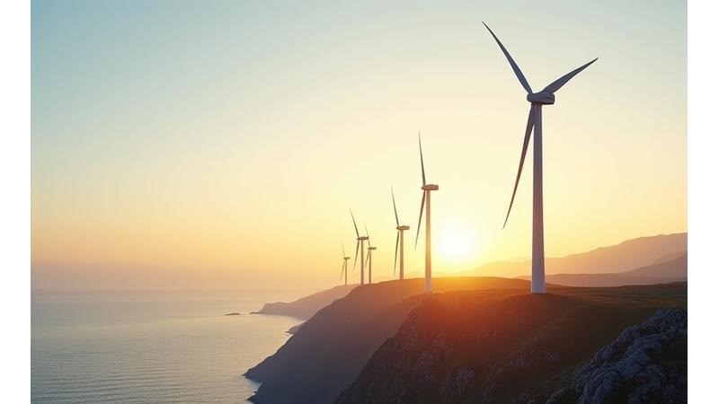 Vindturbiner i et nordisk kystlandskap ved solnedgang
