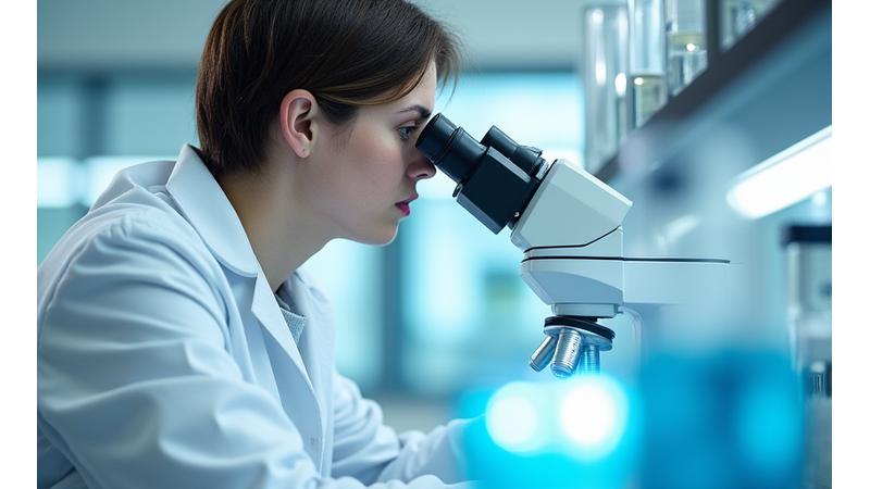 Forsker i laboratorium som ser på mikroskop, med fokus på innovasjon