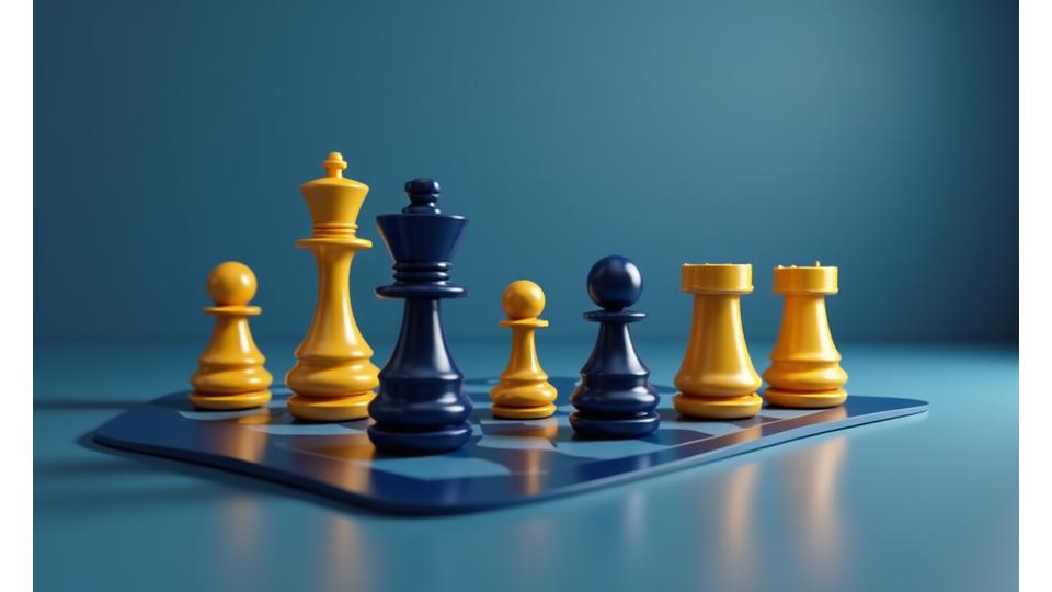 Abstrakt bilde som representerer risiko og strategi med sjakkbrikker på et bord